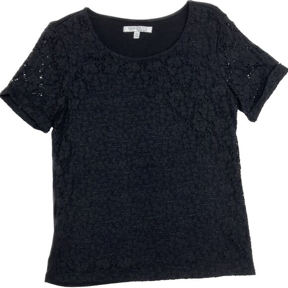 Ellen Tracy Company SZ M Black Lace Top Short Sleeves Layering Shirt Round Neck - Picture 2 of 8